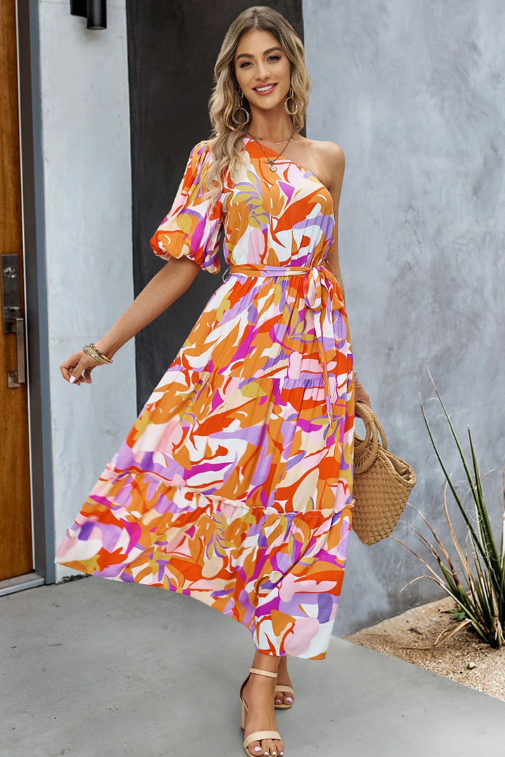 Printed One-Shoulder Tie Belt Maxi Dress