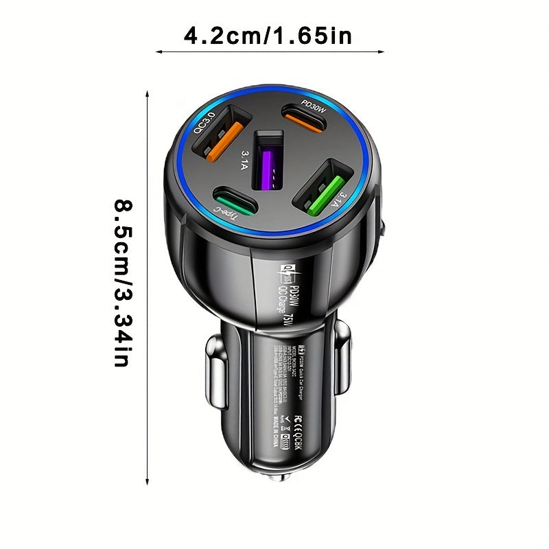 75W Fast Charging 5-in-1 Car Charger: 3USB+2PD, Dual Line, One Drag, Mobile Phone Charger