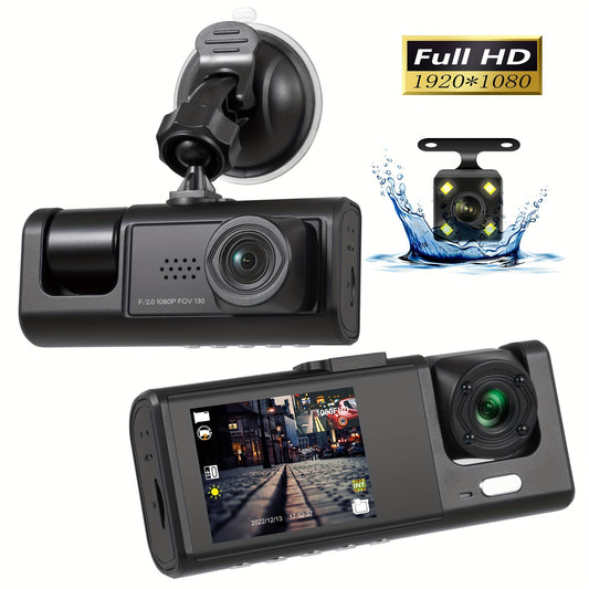 3-Channel Dash Cam with 3 Camera Lenses, HD 1080P Dual Lens Dashcam for Car Video Recording, Parking Monitoring, and Night Vision