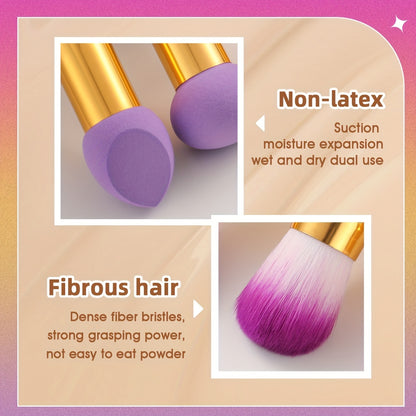 3pcs Foundation Blending Face Brushes With Two Heads Professional Soft Makeup Sponge Fluffy Blusher Brush For Women Beauty, Purple