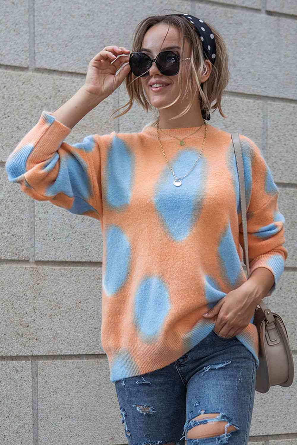 Printed Round Neck Dropped Shoulder Pullover Sweater