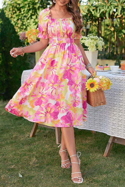 Floral Frill Trim Square Neck Dress