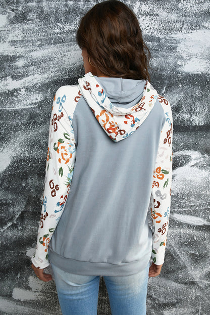 Printed Drawstring Detail Raglan Sleeve Hoodie