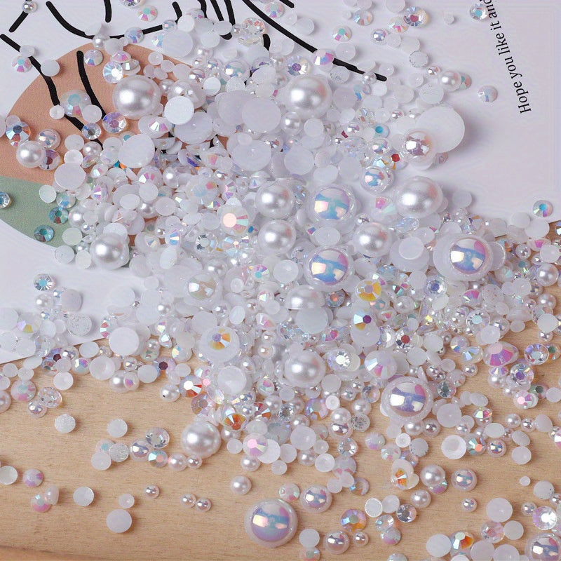 3800pcs 30g Mixed Flat Back Pearls and Rhinestones for Crafts and Nail Art - 3mm-10mm Sizes in Blue, Pink, and White - Perfect for Eye Makeup and Jewelry Design