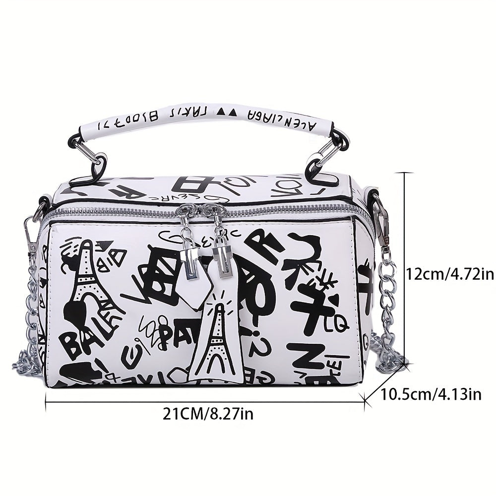 Trendy Graffiti Handbag for Women - Stylish Chain Crossbody Bag with Small Zipper Box Purse