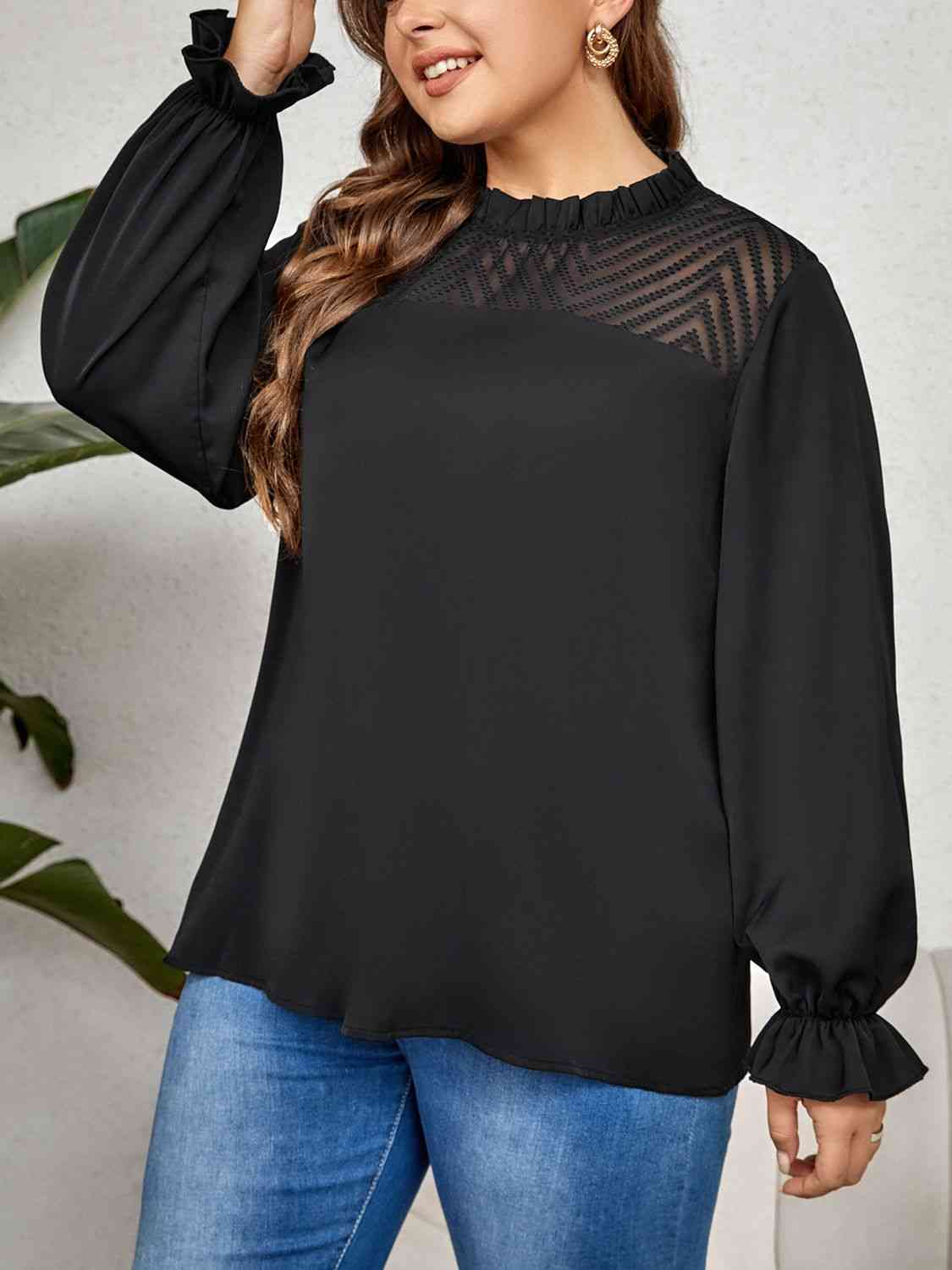 Blouse à Col Rond et Manches Volantes de Grande Taille