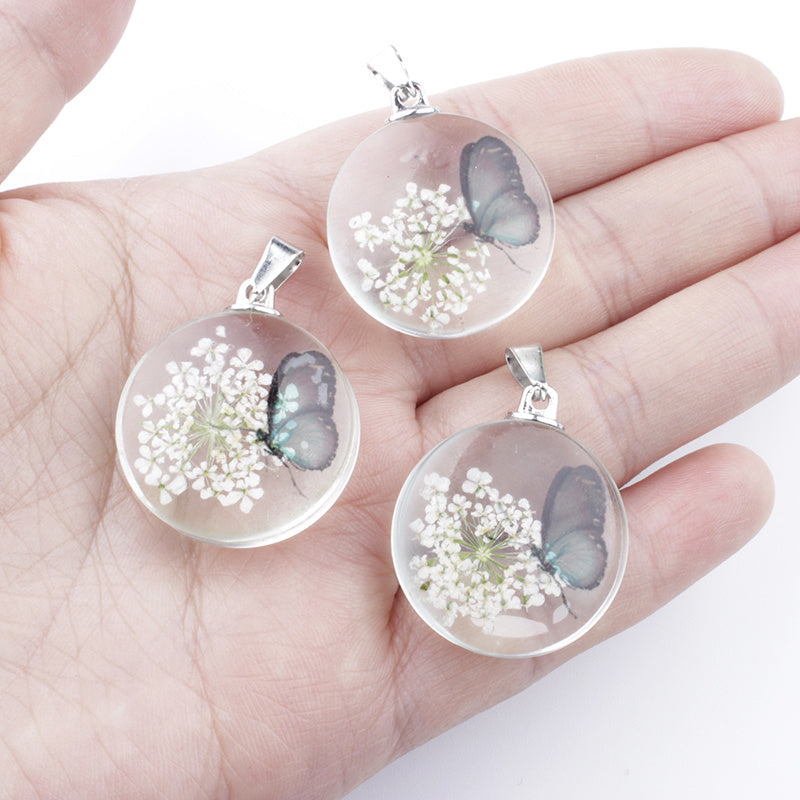 3pcs Clear Round Glass Dried Flower Pendant - Perfect for Butterfly Flower Necklace Making!