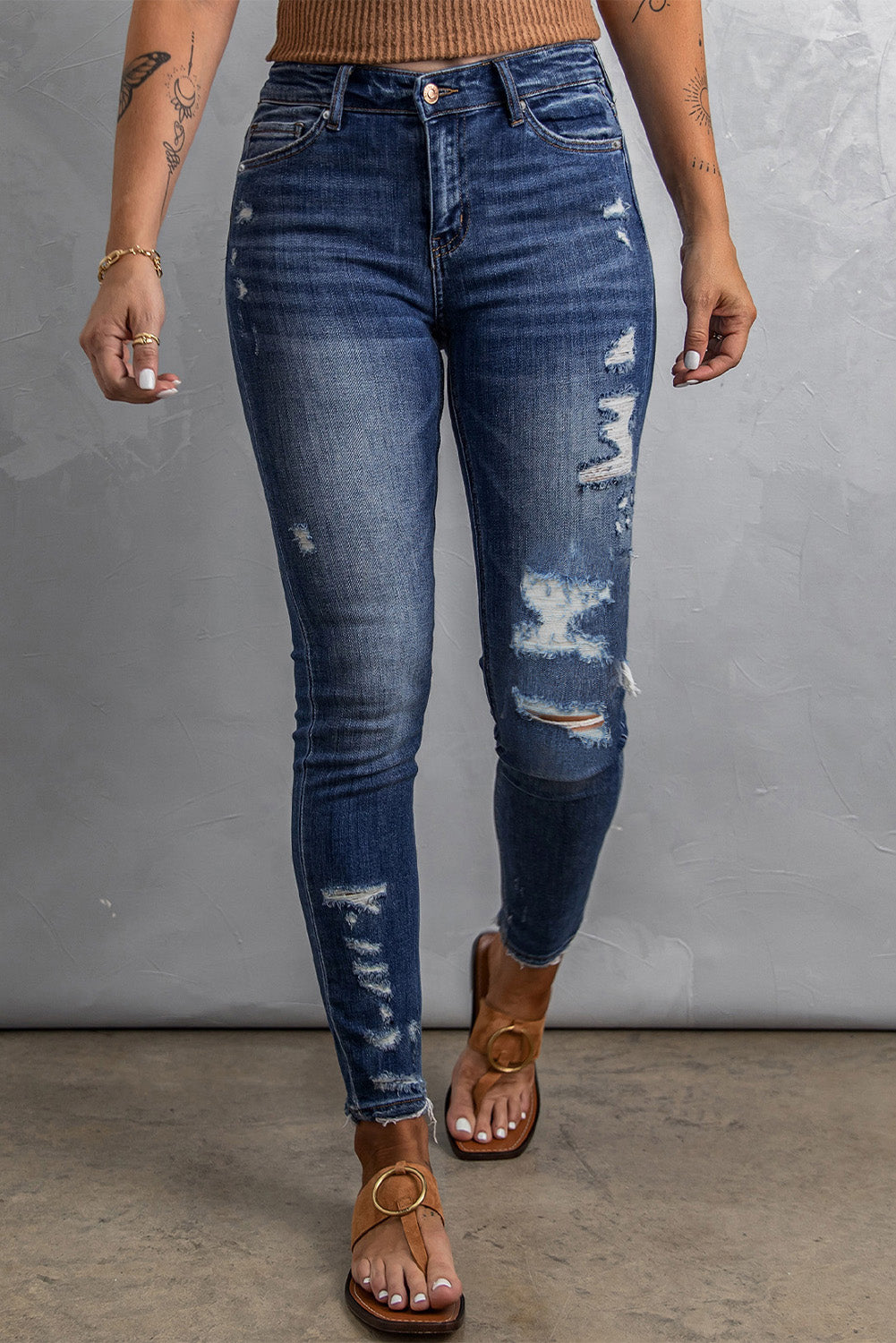 Jean skinny taille haute effet vieilli