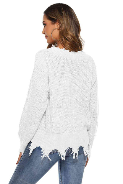 Off-Shoulder Ribbed Long Sleeve Raw Hem Sweater