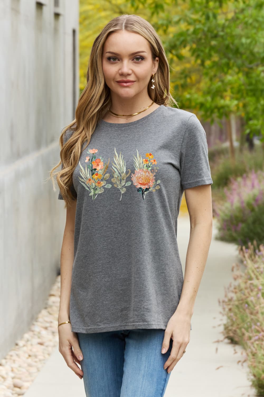 Simply Love Flower Graphic Round Neck Cotton Tee