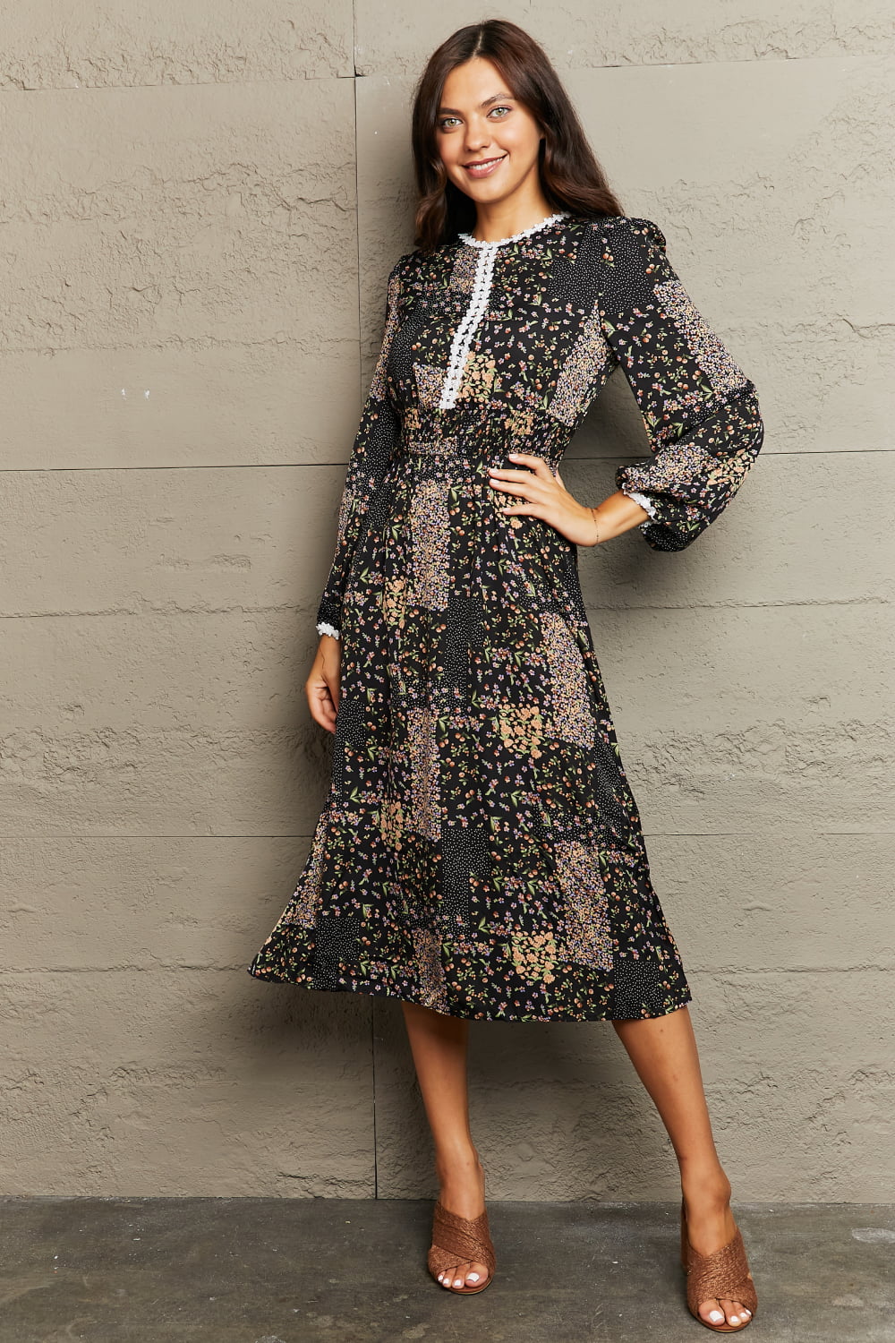 Printed Long Sleeve Round Neck Dress