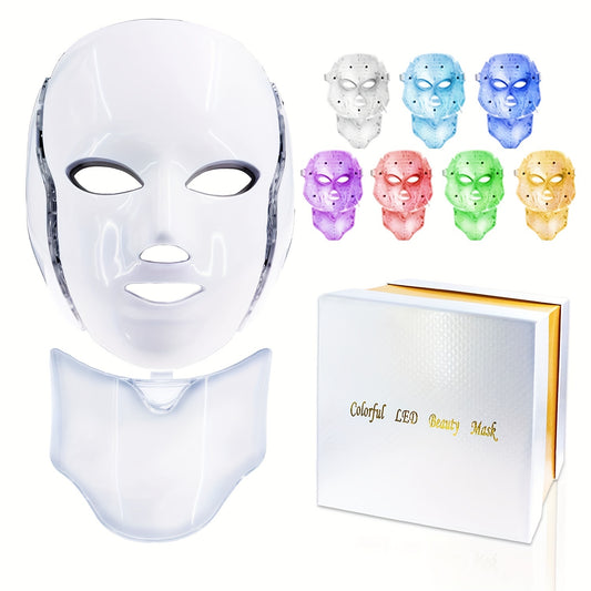 Masque facial LED 7 couleurs avec lumière du cou – Rajeunissement de la peau, traitement de l'acné et lifting du visage – Masseur ferme pour une peau jeune et éclatante 