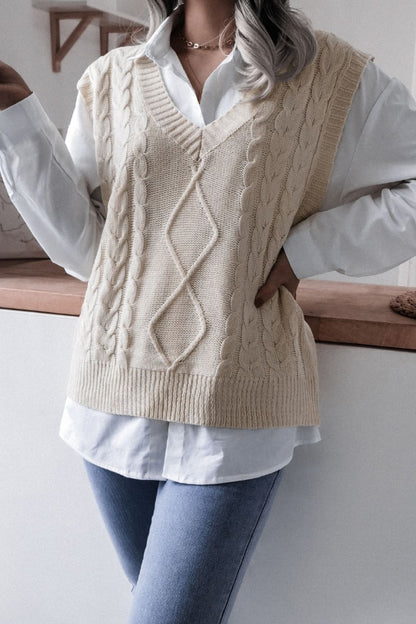 Cable-Knit Ribbed V-Neck Sweater Vest