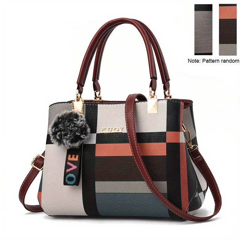 Sac cartable élégant à motif à carreaux – Sac à main à double poignée color block pour sac à bandoulière tendance pour femme 