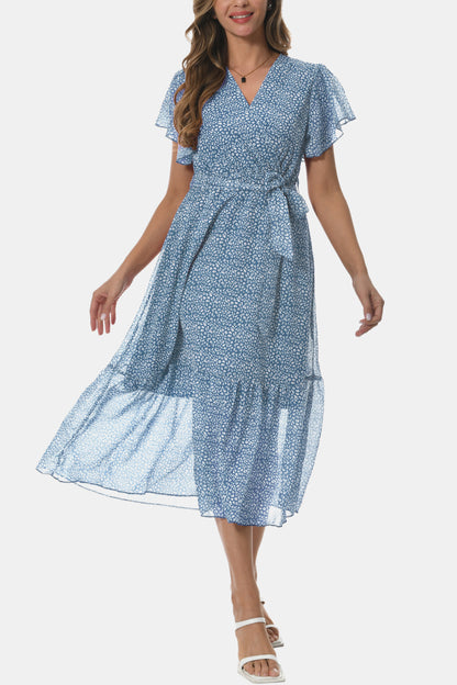 Surplice Neck Flutter Sleeve Tied Dress