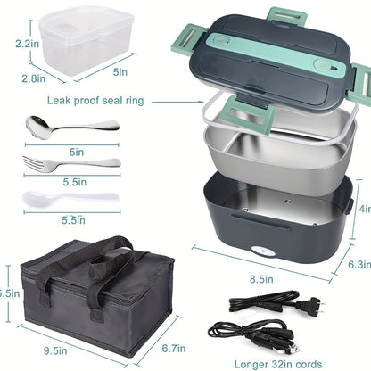 75W Electric Heated Lunch Box: 1.8L Food Warmer/Heater for Car, Truck & Home - Leak-Proof, Removable 304 Stainless Steel Container