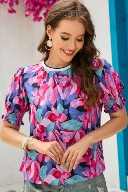 Floral Round Neck Puff Sleeve Top