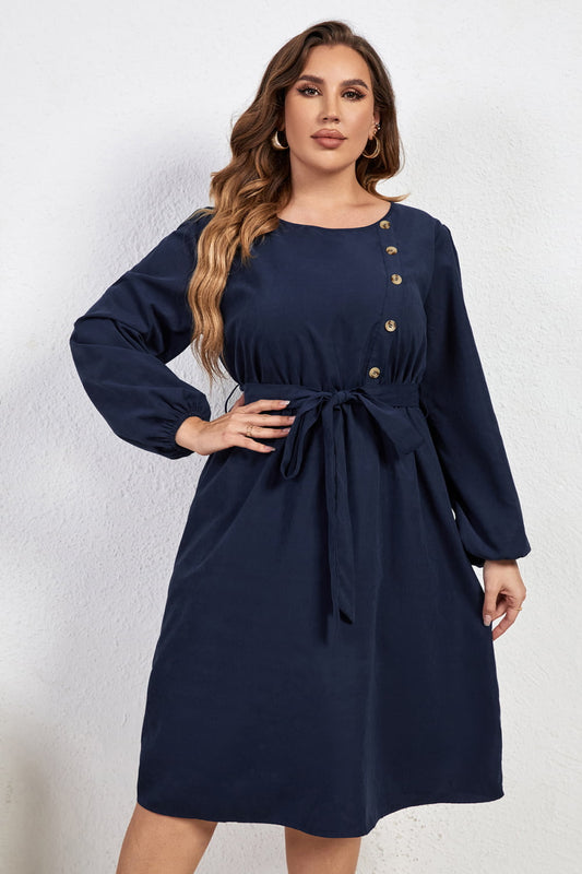 Melo Apparel Plus Size Buttoned Tie Belt Round Neck Long Sleeve Dress