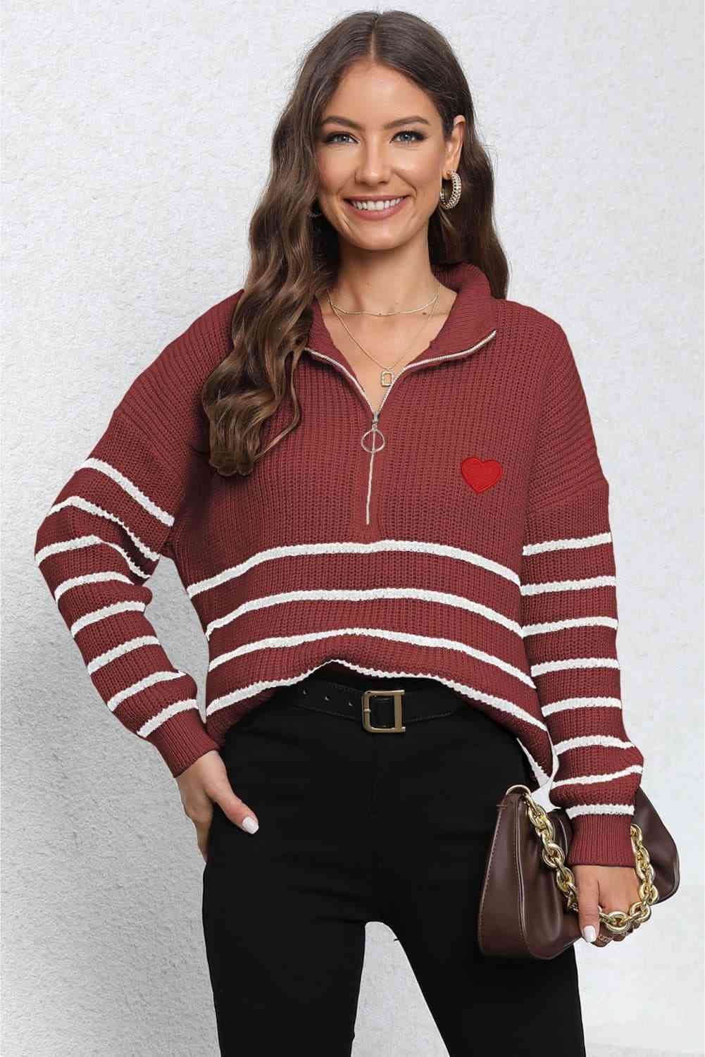 Striped Zip-Up Long Sleeve Ribbed Sweater