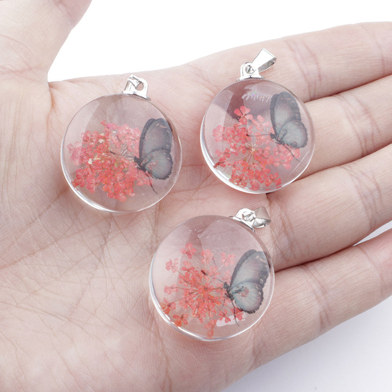 3pcs Clear Round Glass Dried Flower Pendant - Perfect for Butterfly Flower Necklace Making!