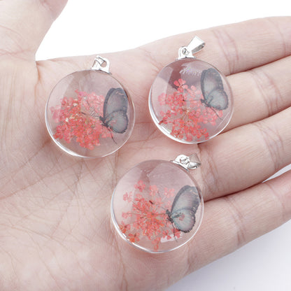 3pcs Clear Round Glass Dried Flower Pendant - Perfect for Butterfly Flower Necklace Making!