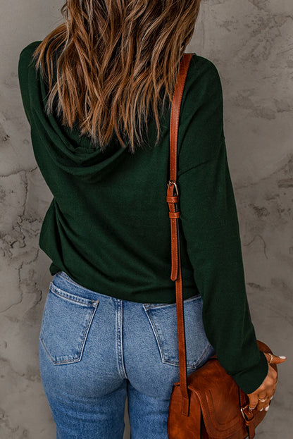 Dropped Shoulder Drawstring Hooded Knit Top