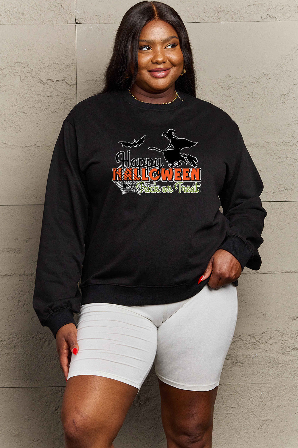 Simply Love Sweat-shirt graphique HAPPY HALLOWEEN TRICK OR TREAT pleine grandeur