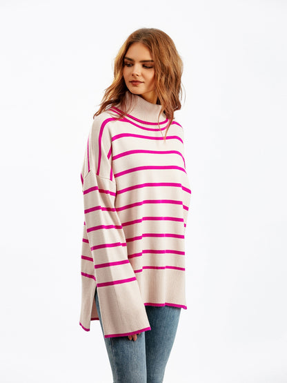 Striped Drop Shoulder Turtleneck Sweater