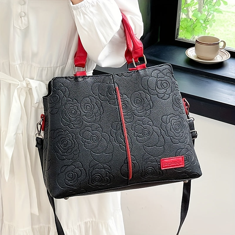 Women's Trendy Faux Leather Shoulder Bag - Letter Embossed Handbag with Double Handle - 8.4*8.6*3.5 Inch