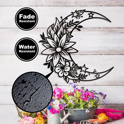 1pc 2 Styles To Choose From Moon Metal Flower Sign Art Decor Black Bohemian Big Flower Moon And Star Wall Sign Half Moon Flower Sculpture, Wall Decoration, Home Crafts, Celebration, Wedding, Creativ