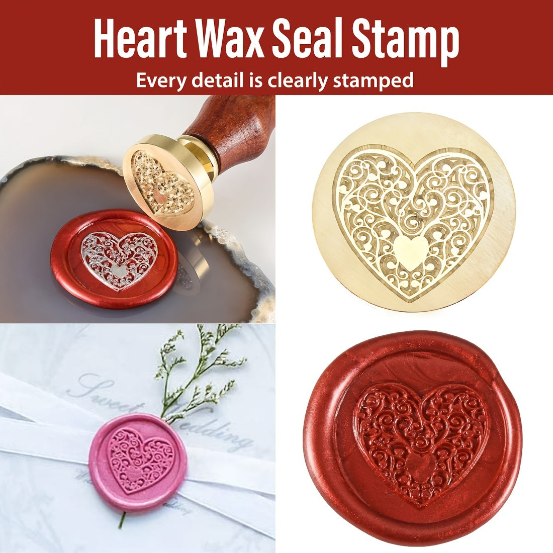 1pc Wax Seal Stamp - 25mm Removable Brass Head With Wooden Handle, Vintage Sealing Wax Stamp For Wedding Invitations Envelopes Wine Packages Greeting Cards, Bee/Tree Of Life/Rose/Heart/Rosemary