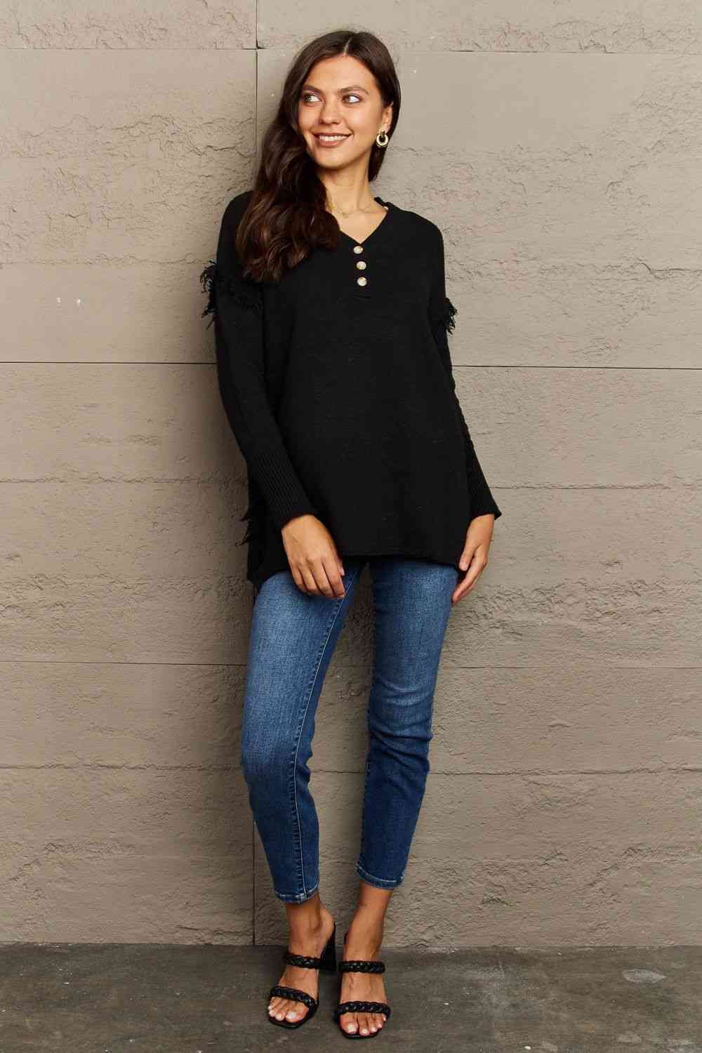 Ninexis Full Size Buttoned Dropped Shoulder Raw Hem Pullover Sweater