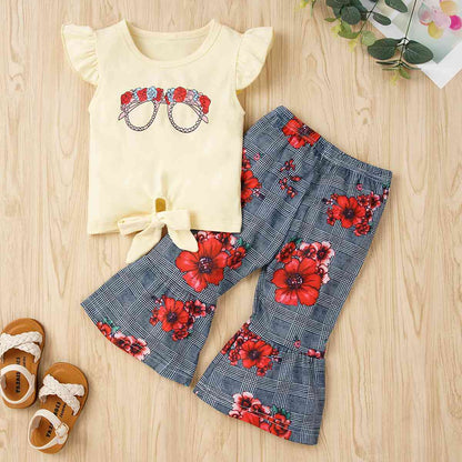 Graphic Tie Hem Top and Floral Flare Pants Set