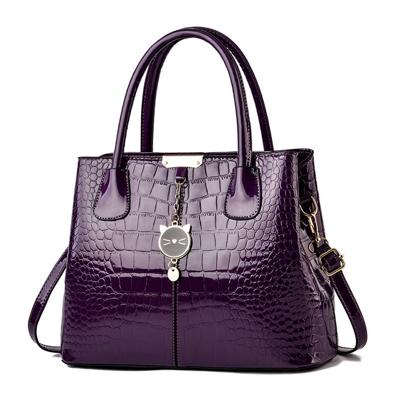 Stylish Crocodile Embossed Handbag - PU Leather Patent Shoulder Bag with Metal Decor and Double Handle for Women