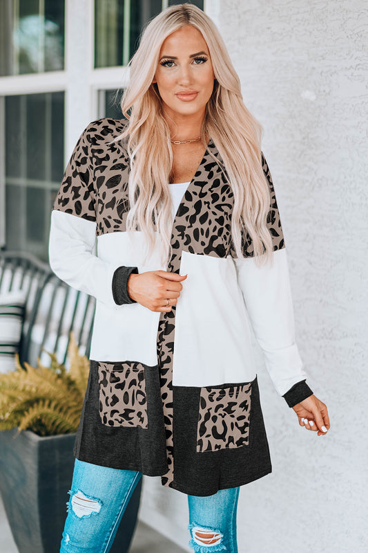 Leopard Print Color Block Longline Cardigan