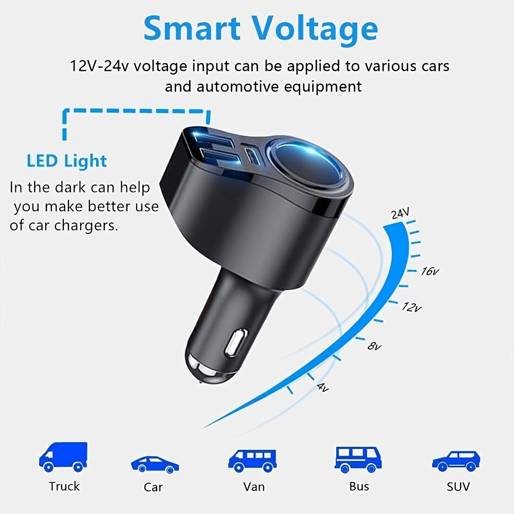 4-in-1 USB C Car Charger: 36W Multi-Port Adapter with 3 USB Ports, 12V/24V Dual PD Fast Charger for Cigarette Lighter Socket