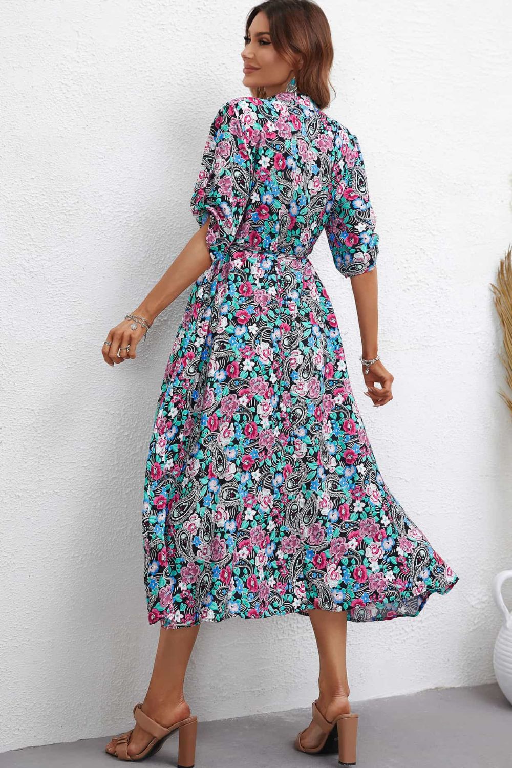 Floral Notched Neck Half Sleeve Dress