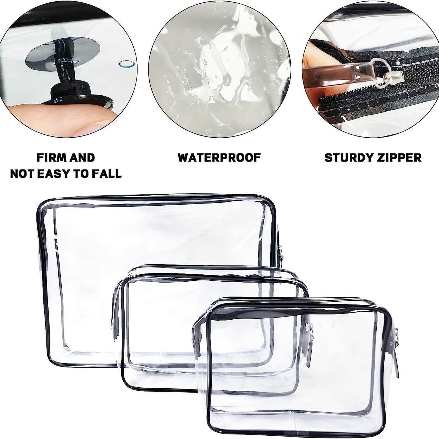 3 Pcs Transparent Inner Bags, Waterproof Zipper Bags & 2 Hooks, Travel Accessories