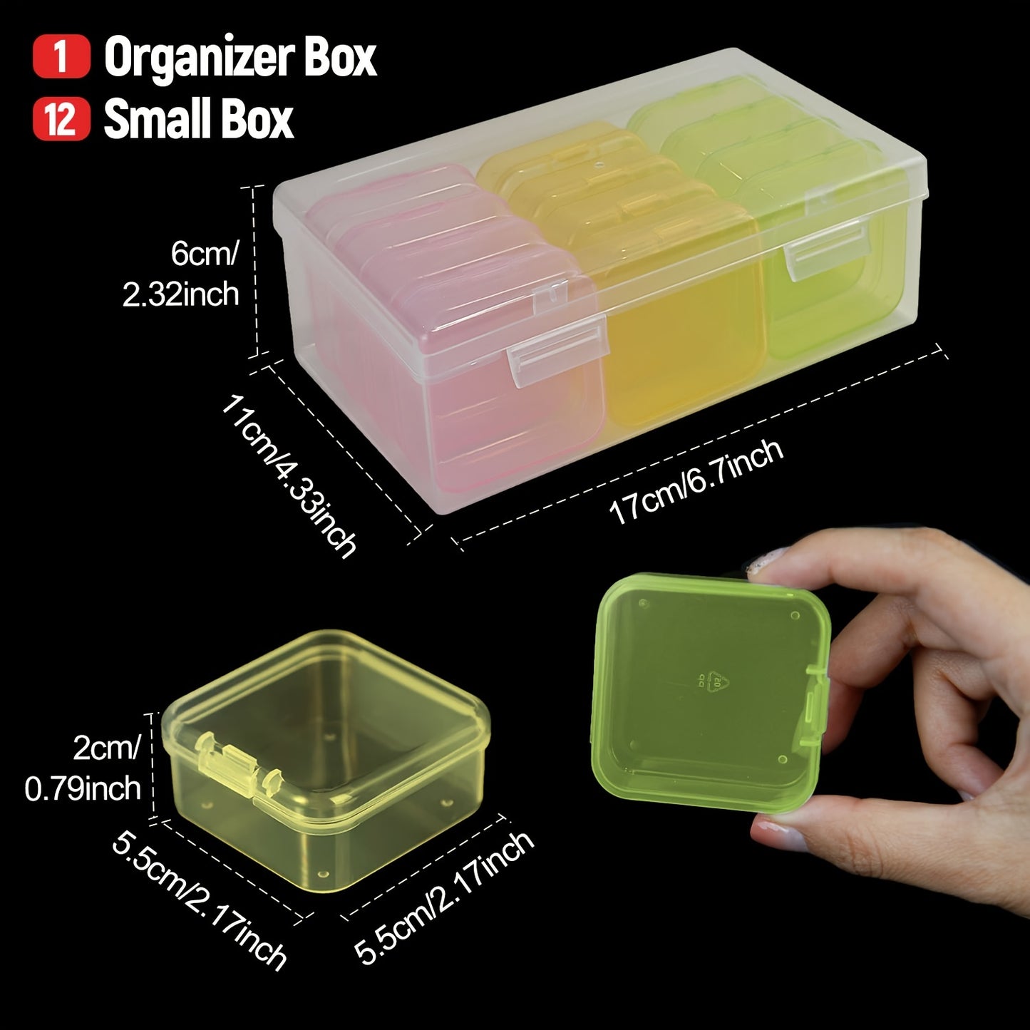 12pcs Mini Clear Plastic Beads Storage Box (2.12"x2.12"x0.79"), Small Empty Organizer Box With Hinged Lid For Storage Of Small Items, Jewelry,Hardware,DIY Art Craft Accessory