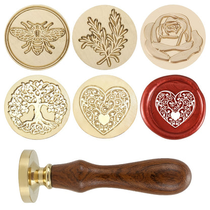 1pc Wax Seal Stamp - 25mm Removable Brass Head With Wooden Handle, Vintage Sealing Wax Stamp For Wedding Invitations Envelopes Wine Packages Greeting Cards, Bee/Tree Of Life/Rose/Heart/Rosemary