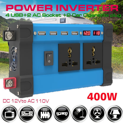 400W Car Inverter with 4 USB Chargers, 2 Universal Sockets & LED Display - Perfect for Traveling & Emergencies!