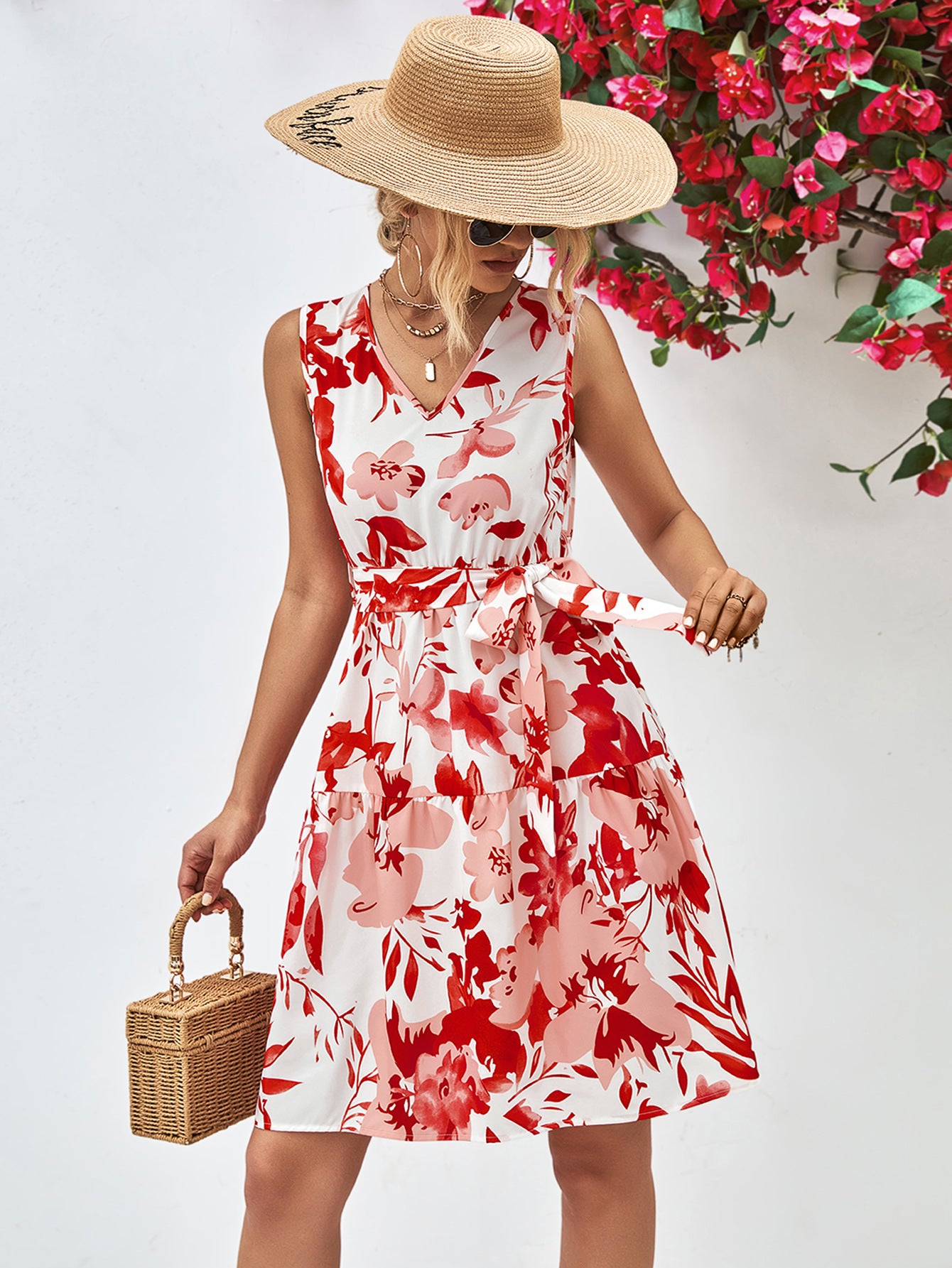 Floral V-Neck Tie Waist Sleeveless Dress