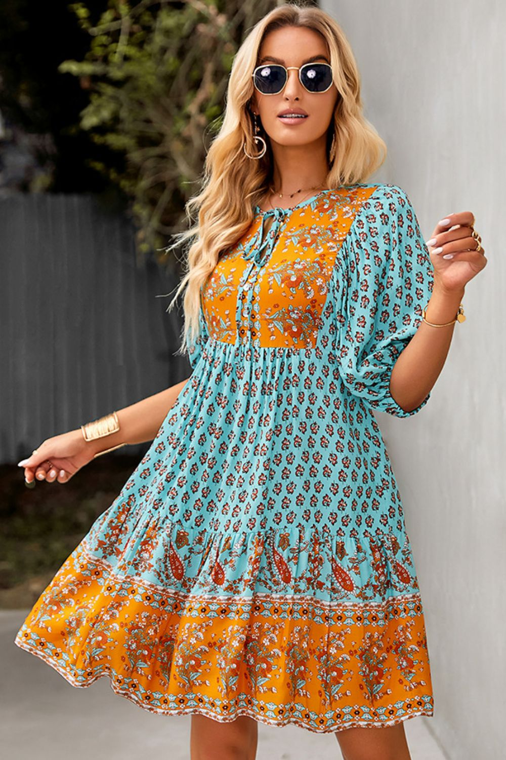 Bohemian Tie Neck Balloon Sleeve Dress