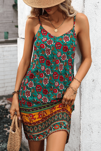 Printed Spaghetti Strap V-Neck Dress