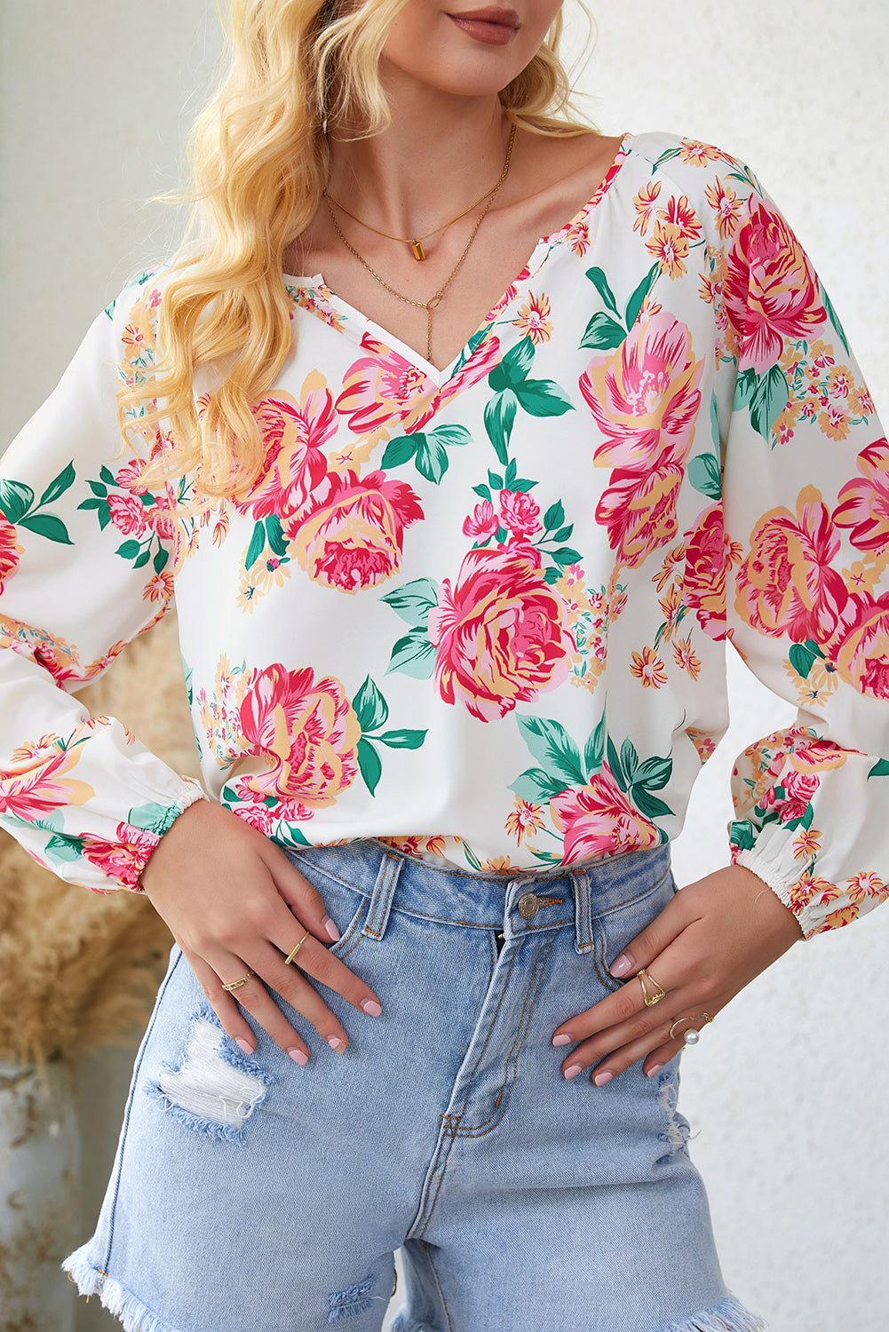 Floral Notched Neck Long Sleeve Blouse