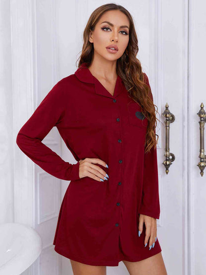 Heart Graphic Lapel Collar Long Sleeve Night Dress