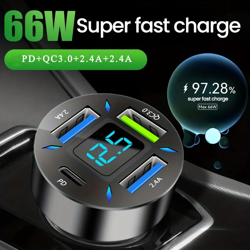 66W PD20W QC3.0 Super Fast Car Charger: Charge Your Devices Faster Than Ever With Digital Display!