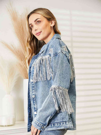 Fringe Detail Long Sleeve Denim Jacket