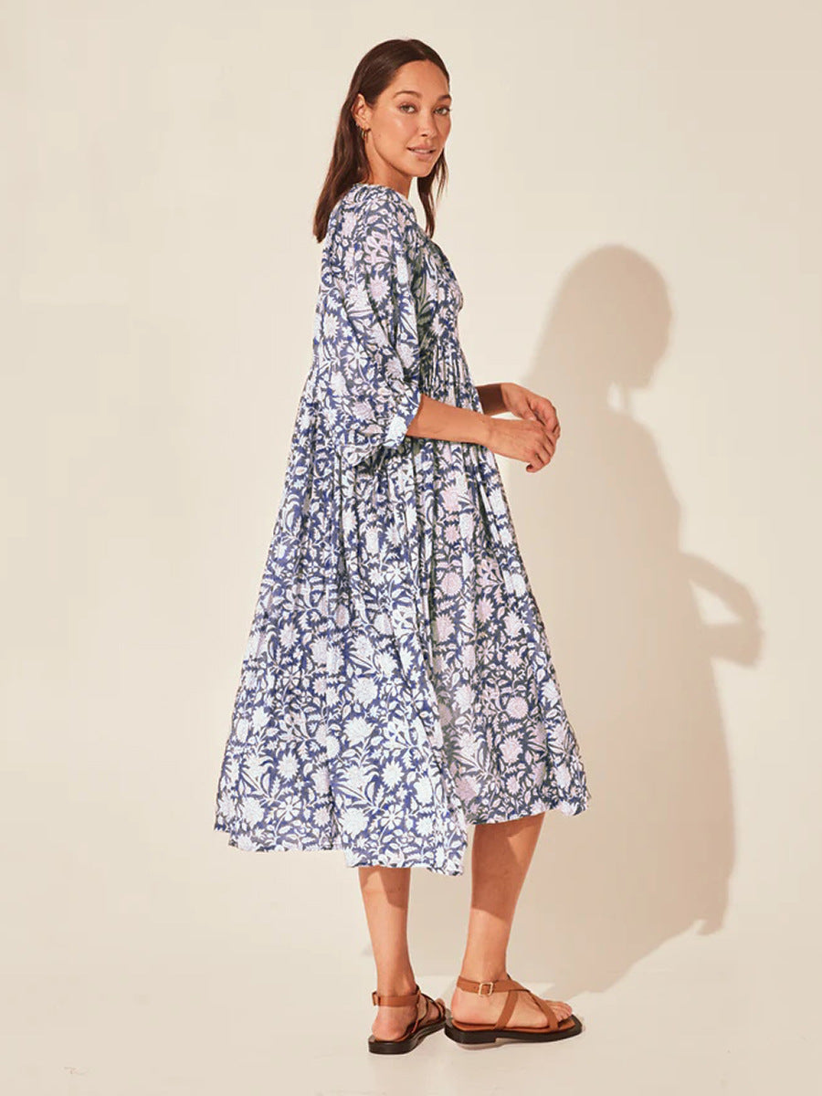 Floral Tie Neck Lantern Sleeve Dress