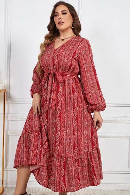 Melo Apparel Plus Size Tie Belt V-Neck Balloon Sleeve Midi Dress